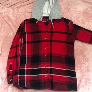 Hooded red plaid shirt